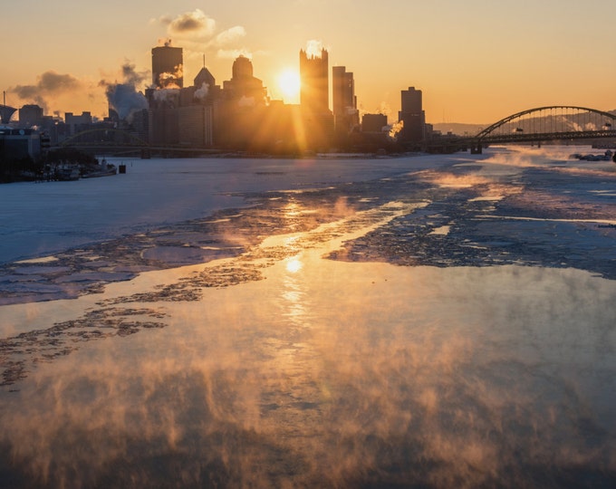 A winter sunrise from the West End Bridge in Pittsburgh - Metal Print