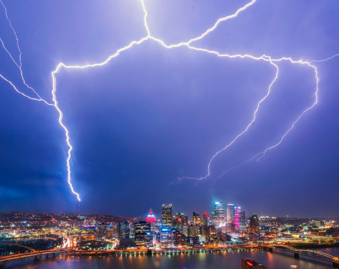 A monster lightning strike in Pittsburgh - Pittsburgh skyline - Various Prints