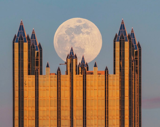 Moon in the spires - Pittsburgh skyline - Various Prints