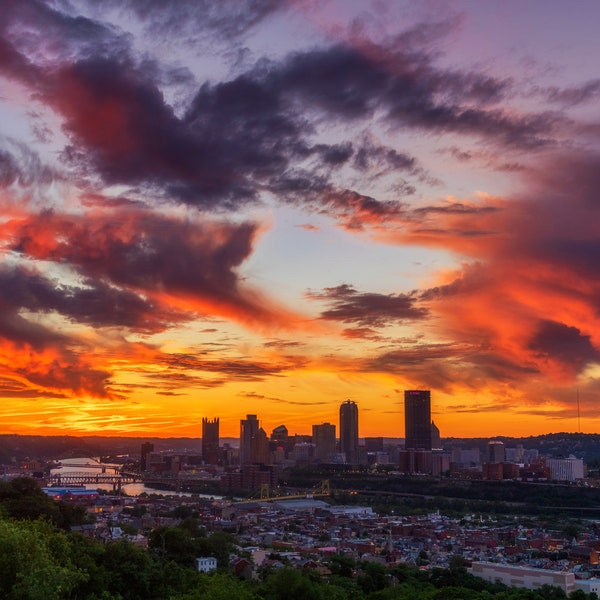 A vibrant sunset over Pittsburgh from the South Side Slopes - Pittsburgh skyline - Various Prints