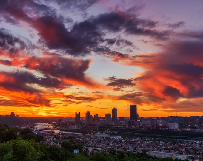 A vibrant sunset over Pittsburgh from the South Side Slopes - Pittsburgh skyline - Various Prints