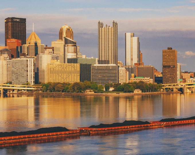 Golden barges at dusk - Pittsburgh skyline - Various Prints