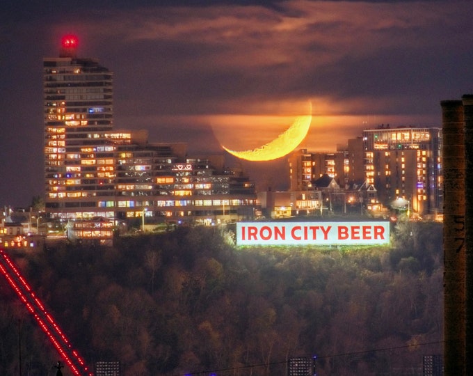 The crescent moon and the Iron City sign in Pittsburgh - Various Prints