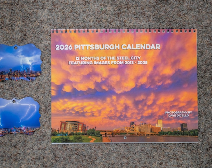 2026 Pittsburgh Calendar and Ornament Bundle - Lightning over Pittsburgh