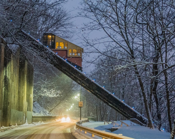 The Monongahela Incline climbs Mt. Washington on a snowy morning in Pittsburgh - Metal Print