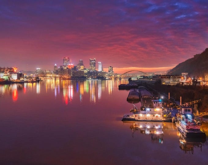 A colorful sky over the boats - Pittsburgh skyline - Various Prints