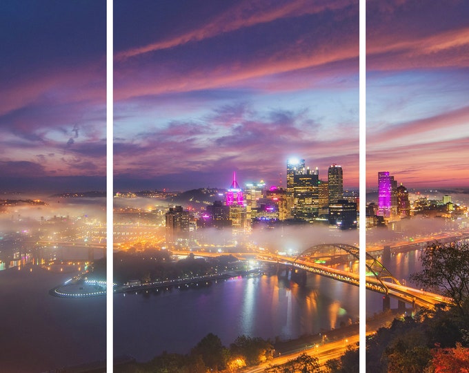 A colorful sunrise in the fog  - Pittsburgh Triptych - Various formats