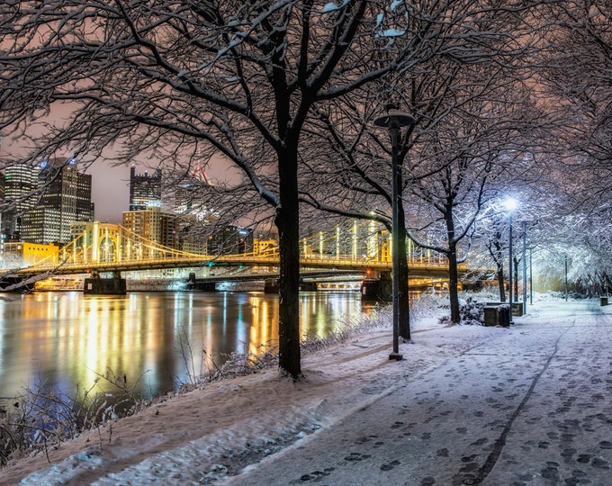 A snow covered walkway along the North Shore of Pittsburgh - Various Prints