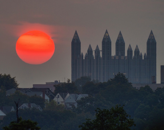 An eerie, smoky sunrise next to PPG Place - Pittsburgh Prints - Various Prints