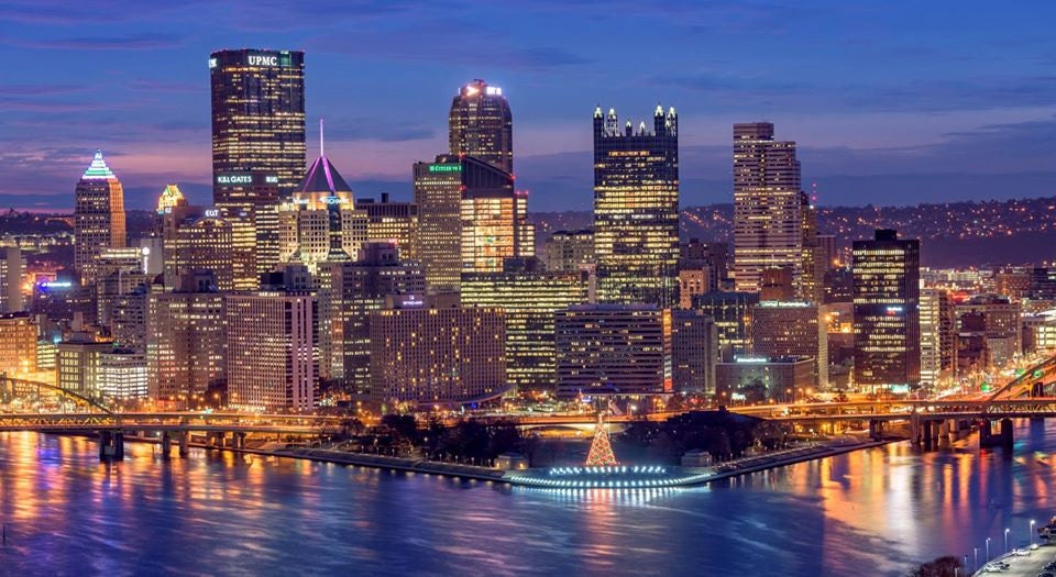 Pittsburgh Skyline Christmas 2022 David Dicello Pittsburgh And The Christmas Tree Glow At Dawn From The West | Etsy