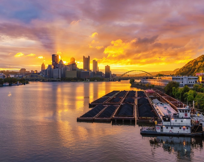 Sunrise over the barges on the West End - Pittsburgh Prints