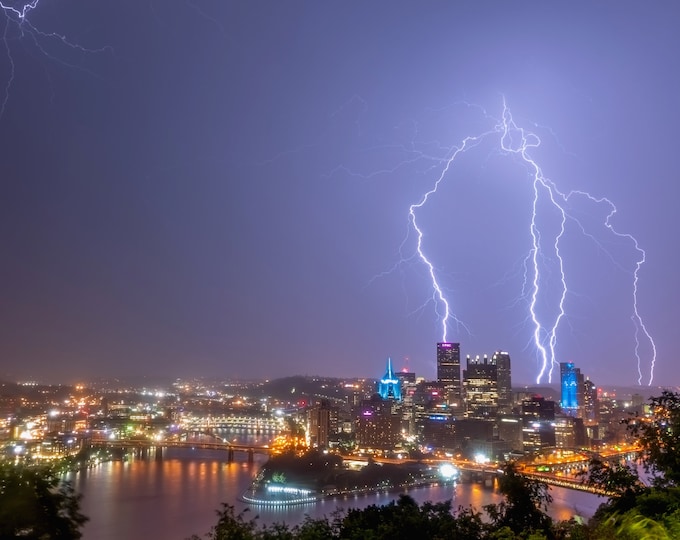 An enormous lightning strike in Pittsburgh - Pittsburgh skyline - Various Prints