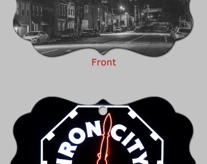 Black and White views of the new Iron City Clock - Pittsburgh Christmas Ornaments