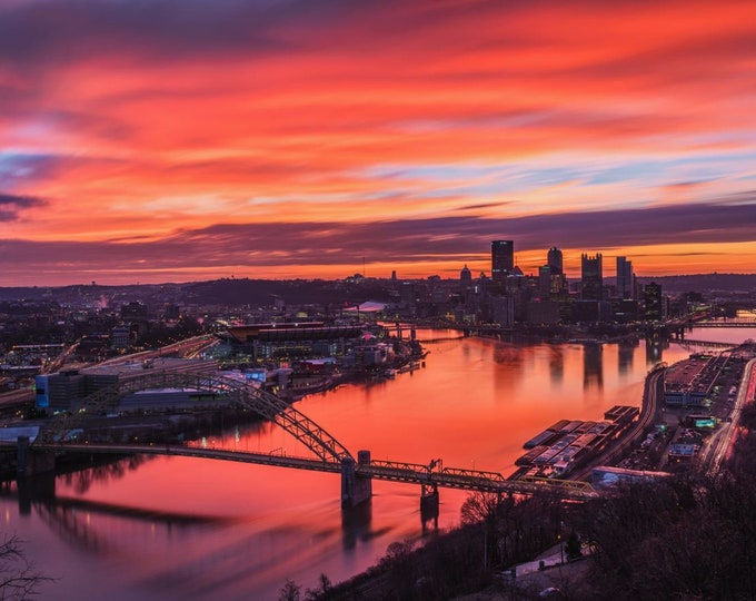 Vibrant sunrise in Pittsburgh from the West End Overlook - Various Prints