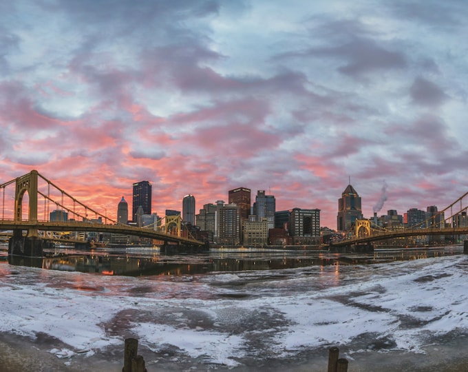 Spectacular winter sunset over Pittsburgh from the North Shore - 12x24 Metal Print