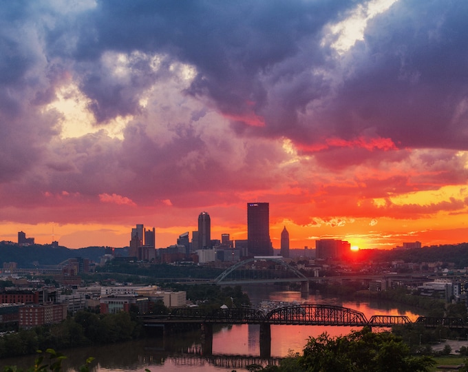 A neon sky at sunset in Pittsburgh - Pittsburgh skyline - Various Prints