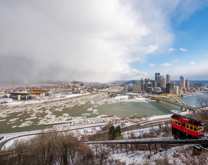 An incline rises Mt. Washington during a snow squall in Pittsburgh - Metal Print