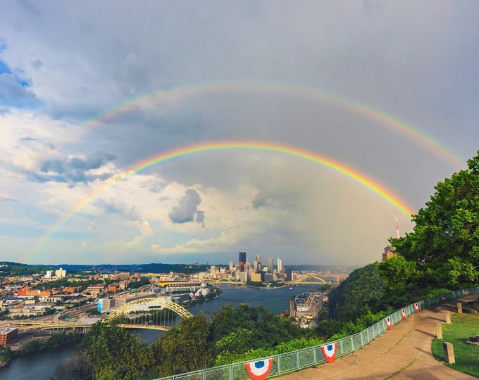 A double rainbow over Pittsburgh after a summer storm - Pittsburgh skyline - Various Prints