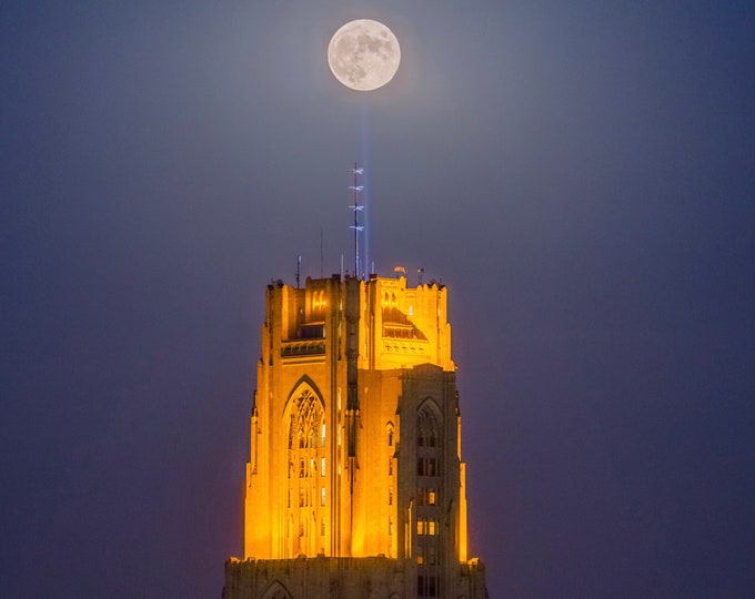 The moon over the Cathedral of Learning - Pittsburgh Prints