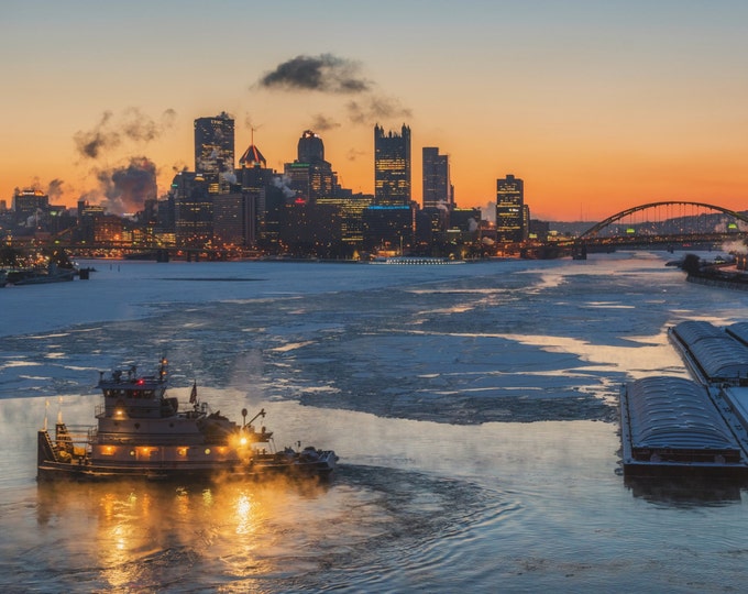 A barge is surrounded by steam on the icy Ohio River in Pittsburgh - Print
