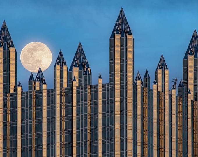The moon in the spires of PPG Place - Vivid Metal