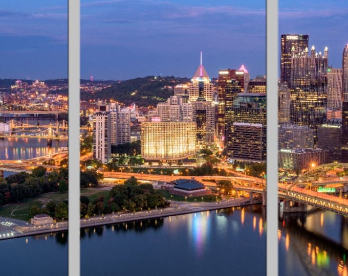 Downtown Pittsburgh glows at night - Pittsburgh Triptych - Various formats