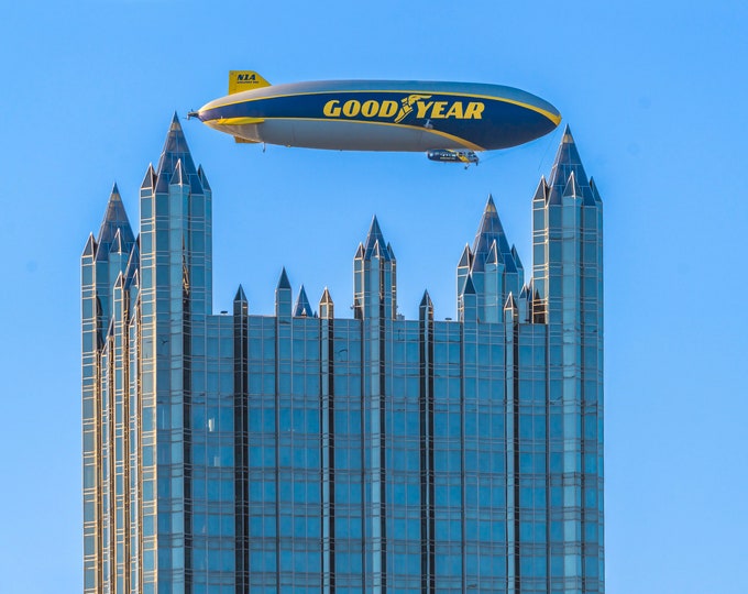 PPG Place frames the Goodyear Blimp - Pittsburgh skyline - Various Prints