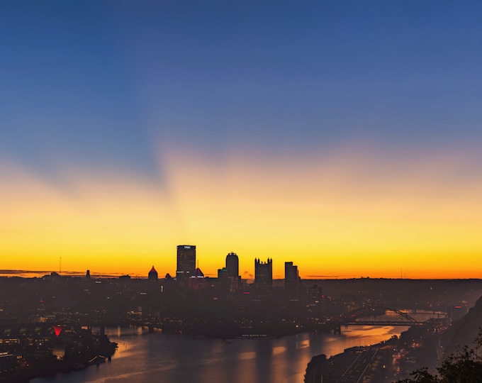 Crepuscular Rays at Dawn - Pittsburgh skyline - Various Prints