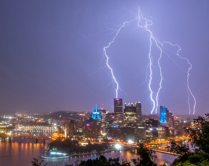 Lightning rains down over Pittsburgh - Pittsburgh skyline - Various Prints