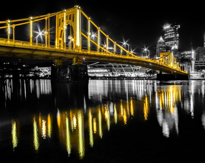 The moon and a black and gold bridge - Pittsburgh skyline - Various Prints