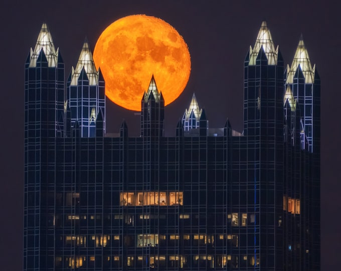 The full moon over PPG Place in Pittsburgh - Pittsburgh skyline - Various Prints