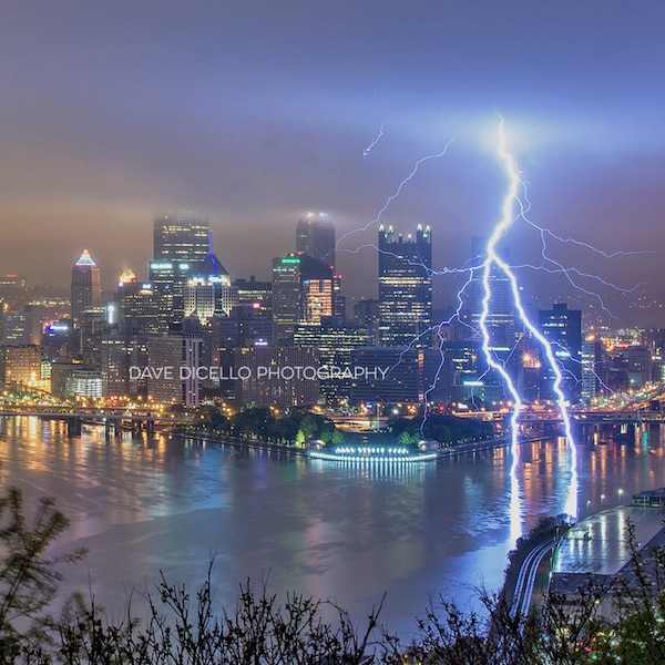 Steel City Strike - Lightning Strikes the Monongahela River in Pittsburgh - Various Prints