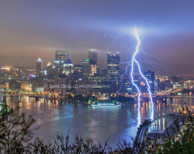 Steel City Strike - Lightning Strikes the Monongahela River in Pittsburgh - Various Prints
