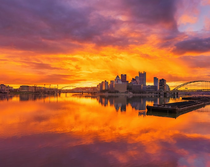 An explosion of color at dawn - Pittsburgh skyline - Various Prints