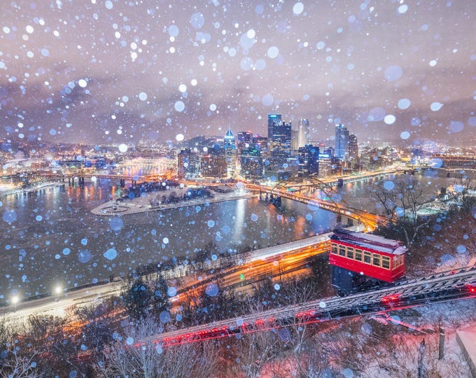 A snowglobe of the Duquesne Incline from above - Pittsburgh skyline - Various Prints