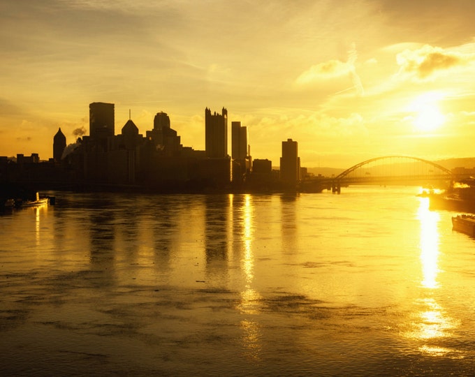 A black and gold sunrise over Pittsburgh - Various Prints