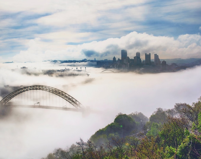 Engulfed in fog - Pittsburgh skyline - Various Prints