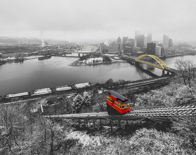 Selective Color of the Duquesne Incline and Bridges of Pittsburgh in the snow - Various Prints