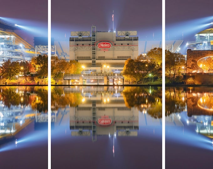 Heinz Field reflects in the fountain at night  - Pittsburgh Triptych - Various formats
