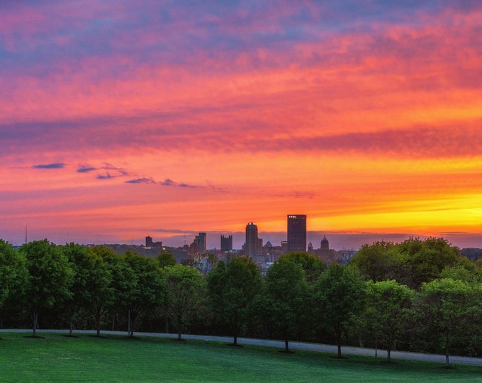 A colorful sunset in Pittsburgh - Pittsburgh skyline - Various Prints