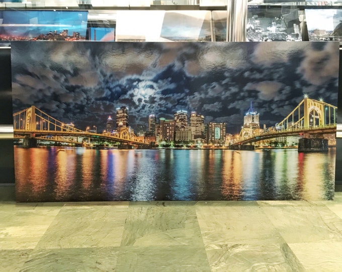 Panorama of Pittsburgh under a full moon - 30x60 Foam core matted print