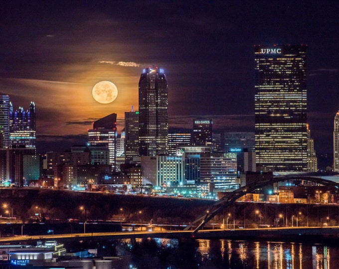 The moon glows behind Pittsburgh - Various Prints