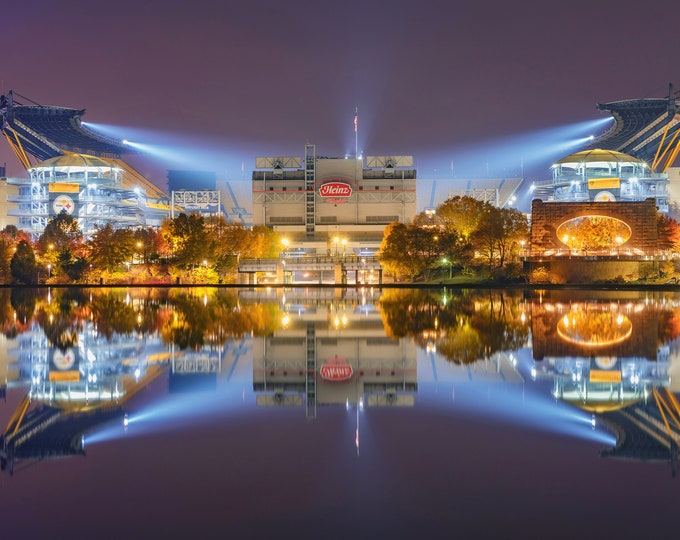 Reflections of Heinz Field in the fountain in Pittsburgh - Night time - Various Prints