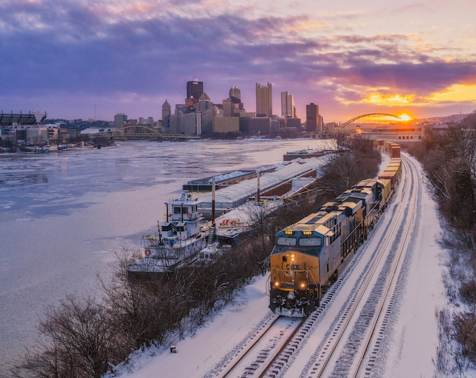 A train at dawn - Pittsburgh skyline - Various Prints