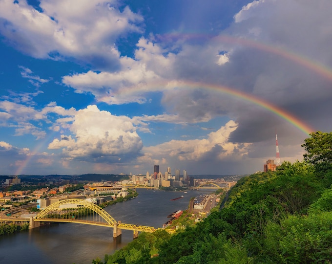 Seeing Double: A double rainbow over Pittsburgh - Pittsburgh skyline - Various Prints