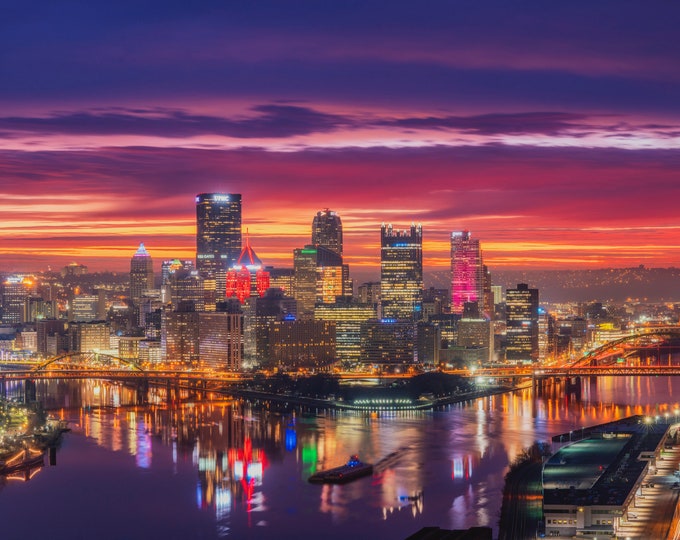 Fire in the sky at sunrise - Pittsburgh skyline - Various Prints