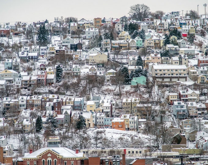 The snow covered South Side Slopes in Pittsburgh - Metal Print