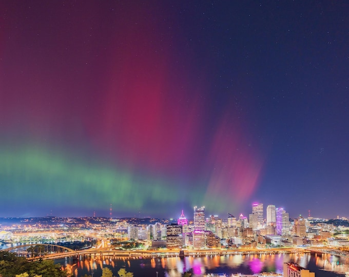 Northern Lights over Pittsburgh - Pittsburgh skyline - Various Prints