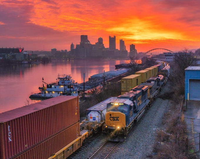 Sunrise over a train - Pittsburgh skyline - Various Prints