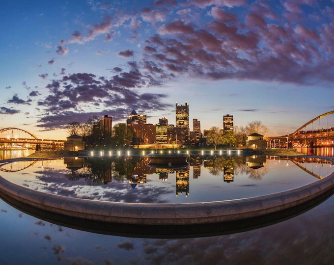 A colorful morning reflects in the fountain in Pittsburgh - Various Prints